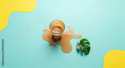 Glass of spilled coffee on blue surface with green leaf nearby  