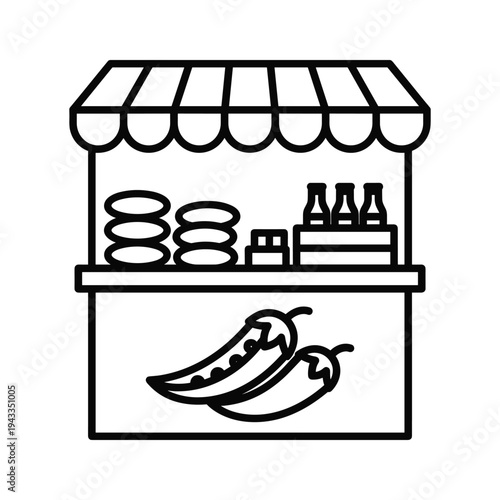Street Food Stall Icon Vector Line Art - Fresh Produce and Drinks