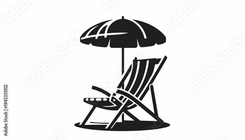A beach chair sits under a parasol on sandy shore