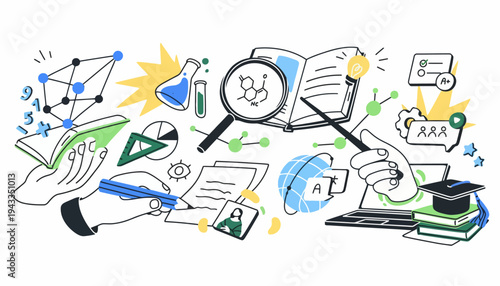 Researcher examines science books and notes with magnifying glass closely