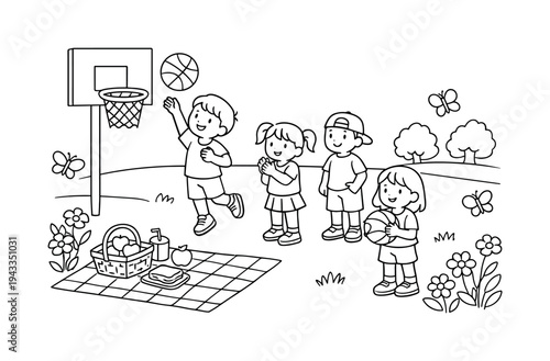 Park Hoops Fun. Basketball bounce at a park with children taking turns shooting hoops, flowers and butterflies around, a picnic