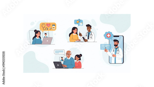 Telemedicine Illustrations, Remote Healthcare Digital Consultation, Online Doctor Patient Interaction, Virtual Medical Services, Minimal Vector Concept