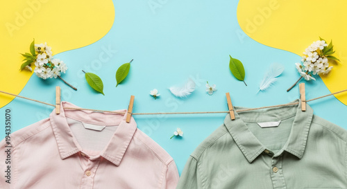 Spring clothesline with pink and green shirts on colorful background  
