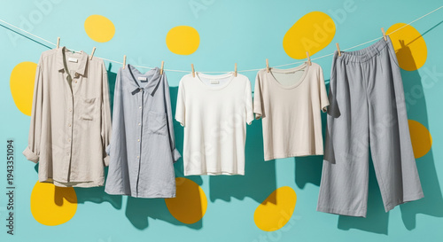 Spring clothesline with linen shirts and pants hanging in sunlight  