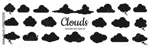 A set of silhouettes of clouds and black speech bubbles of various shapes and sizes on a white background. Elements for your design. Vector EPS 10.