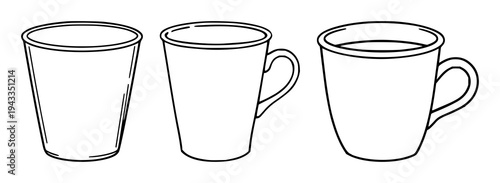 Minimalistic cups and mugs set with various shapes and simple line art design featuring drinkware, tableware, kitchenware with ceramic and glass materials