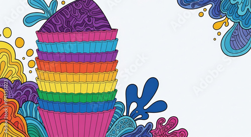 Stack of colorful silicone cupcake liners with abstract background  