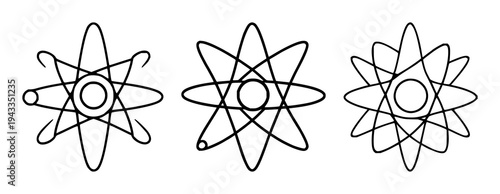 Atom icon set with sleek geometric lines and clean circles on a white background featuring physics, science, vector with modern and minimal