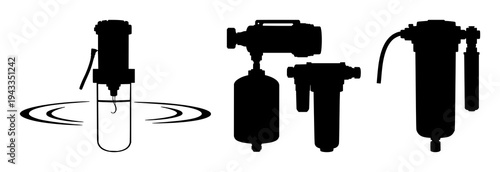 Water filter set with solid black silhouette design featuring portable, survival, eco-tech with purification and emergency