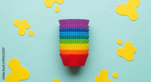 Stack of rainbow silicone cupcake liners on colorful background  