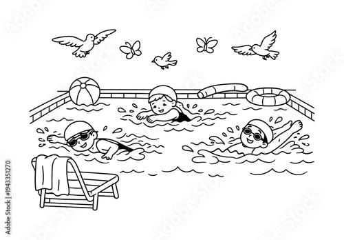Swimming pool with kids practicing swimming strokes, small waves and splashes, pool toys and a nearby towel on a chair, birds and