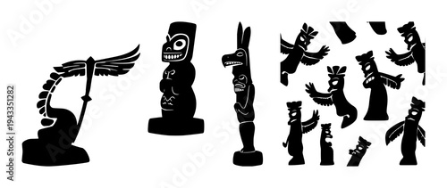Maori Tiki statue set with solid black silhouette on white background featuring cultural heritage, indigenous art, outline design with silhouette and background