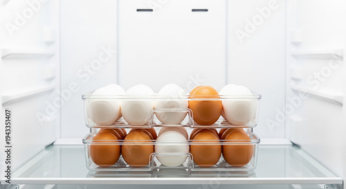 Stackable egg storage tray with white and brown eggs in refrigerator  