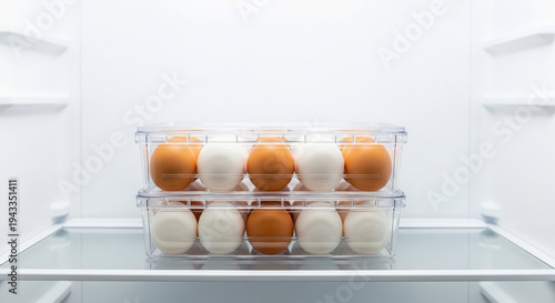 Stackable egg storage tray with brown and white eggs in fridge  