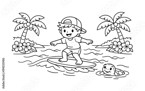 Child surfing at a calm lagoon with gentle waves, palm trees and flowers along the shore, a turtle peeking from the water, black