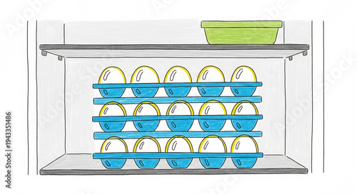 Stackable egg storage tray with eggs in fridge on shelf  