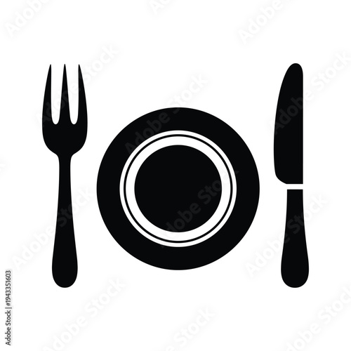 Black Silhouette of Dinner Plate, Fork, and Knife on White Background - Simple Icon