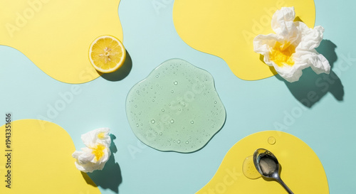 Sticky spill of green substance with lemon and white flowers on pastel background  