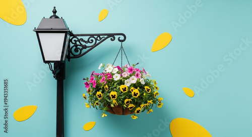 Streetlamp with hanging flower basket against vibrant blue background  