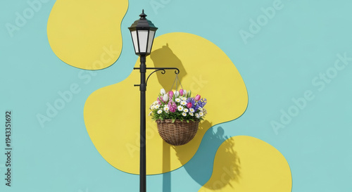 Streetlamp with hanging flower basket against blue wall background  