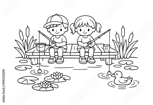 Children fishing at a peaceful pond, sitting on a wooden dock with fishing rods, lily pads and reeds around, a small duck