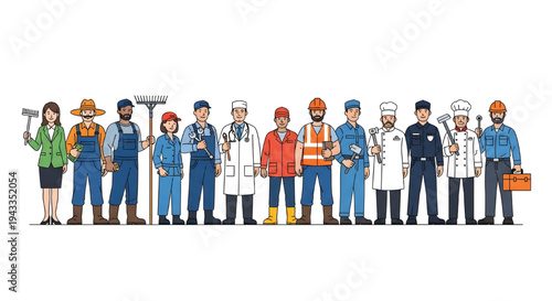 Diverse Group Of Professionals Standing Together With Various Work Tools For Occupation Concepts on transparent background