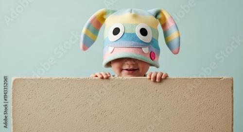 Toddler wearing playful bunny hat peeking over wall indoors  copyspace
