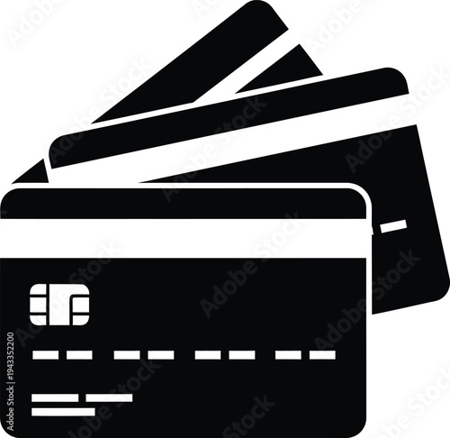 Three black credit cards isolated on transparent background