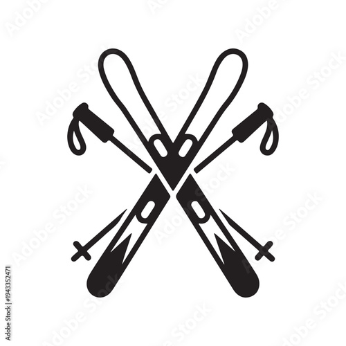 Crossed Skis and Ski Poles Line Icon – Winter Sports Skiing Equipment Vector