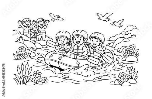 River rafting scene with kids navigating rapids in a raft, friends cheering and waving, birds flying overhead, flowers and reeds