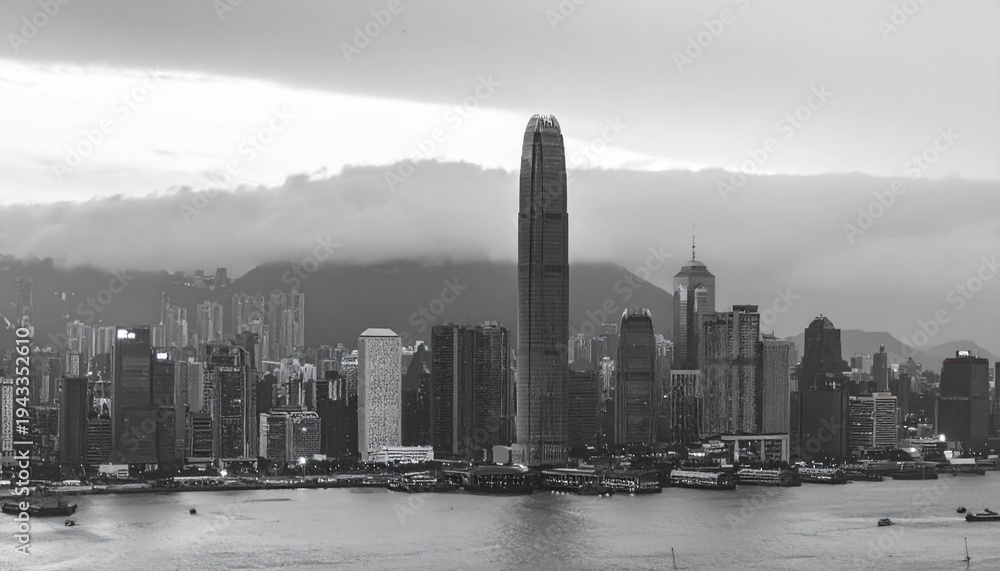 Fototapeta premium Hong Kong skyline at dusk with towering skyscrapers and harbor view in black and white