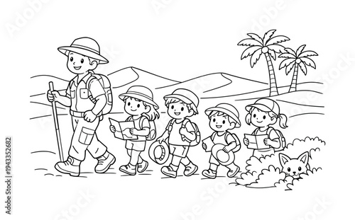 Children on a desert safari walking with a guide, holding maps and hats, sand dunes and sparse palm trees, a small fox peeking