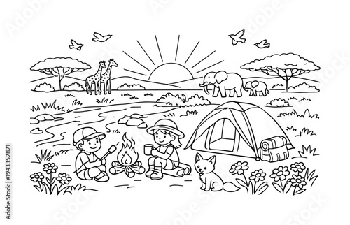 Savanna sunset with kids camping near a small river, giraffes and elephants in the distance, birds flying and flowers around, a