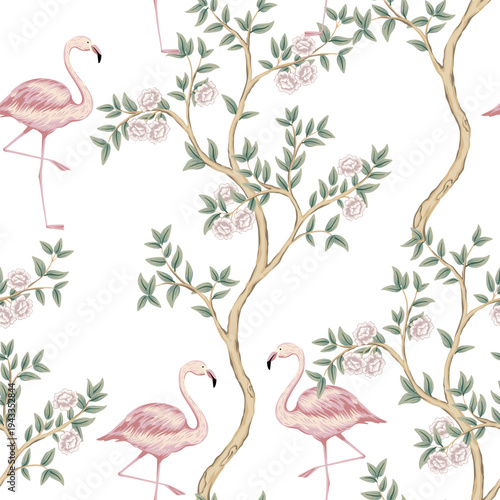 Flamingo bird, pink rose tree floral seamless pattern. Chinoiserie wallpaper.