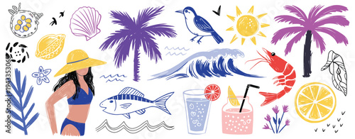 Italian and Greek Style Vacation Vector Illustration Set, Hand Drawn Lemon and Palm Tree Summer Elements in Mixed Media Collage with Doodle Sketch and Marker Style for Travel Posters and Placards