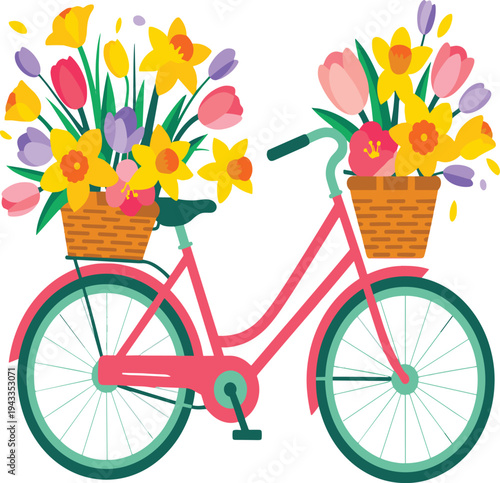 Pink bicycle with baskets full of yellow tulips daffodils and pink flowers vector illustration