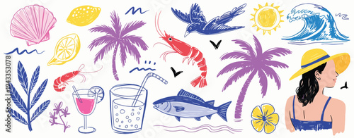 Italian and Greek Style Vacation Vector Illustration Set, Hand Drawn Lemon and Palm Tree Summer Elements in Mixed Media Collage with Doodle Sketch and Marker Style for Travel Posters and Placards