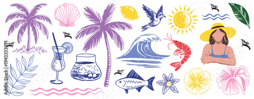 Italian and Greek Style Vacation Vector Illustration Set, Hand Drawn Lemon and Palm Tree Summer Elements in Mixed Media Collage with Doodle Sketch and Marker Style for Travel Posters and Placards