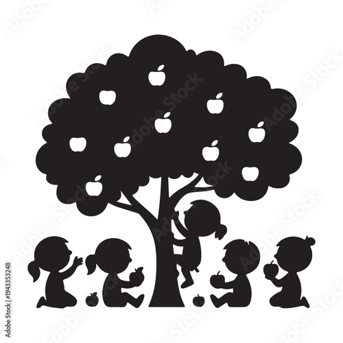 Children Picking Apples from Tree Silhouette – Kids Harvesting Fruit Vector Illustration