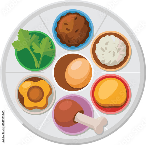 Traditional passover seder plate with symbolic food vector illustration