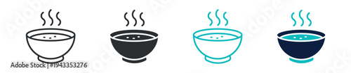 Hot soup bowl icon set, steaming soup meal food dish symbol, outline and solid and color style. Vector illustration.