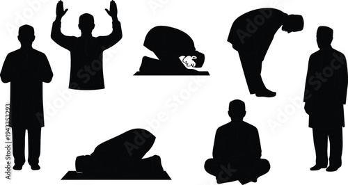 Muslim Prayer Rituals Illustrations Showing Postures Including Standing, Bowing, Prostration, and Sitting During Islamic Worship and Devotion