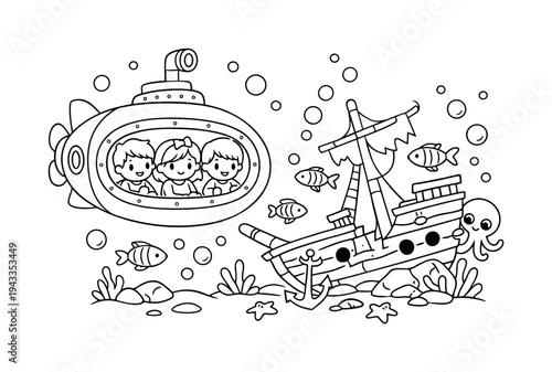 Submarine ride with kids observing a sunken ship, fish and bubbles surrounding, a tiny octopus peeking from behind the wreck,