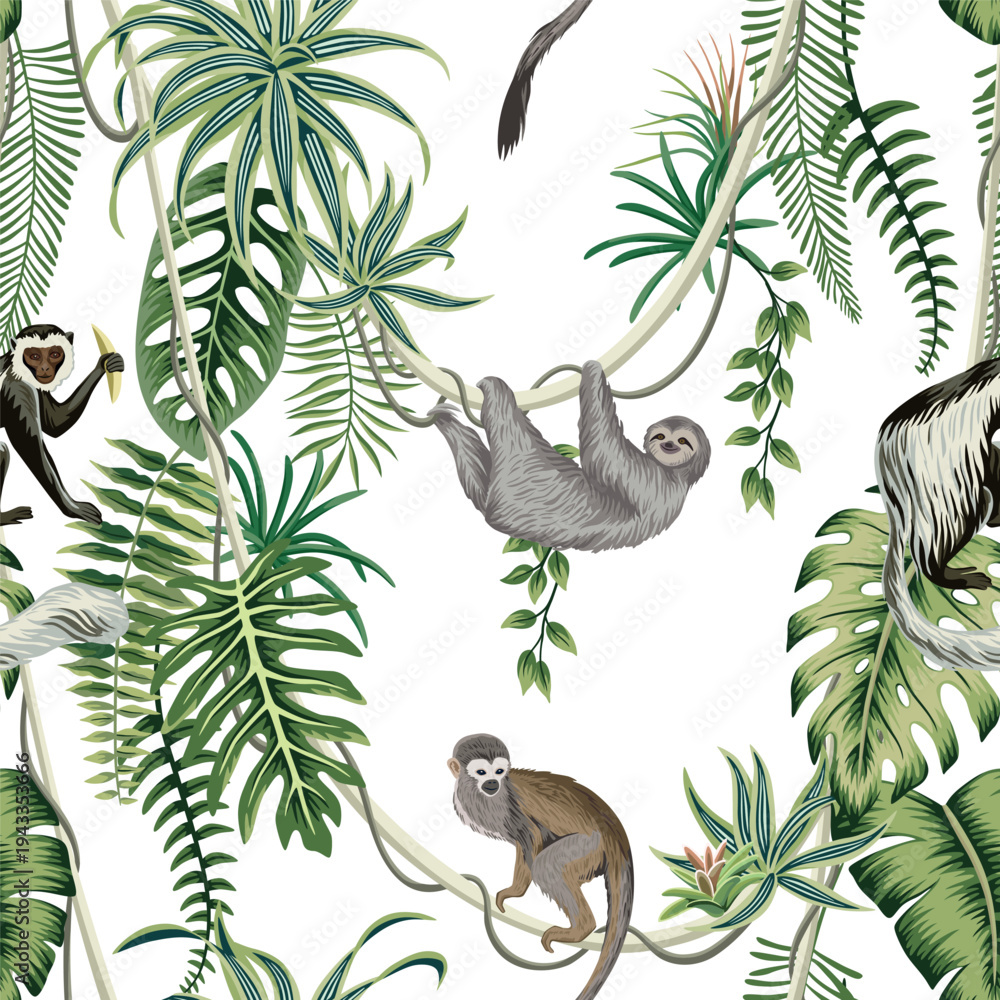 Fototapeta premium Monkey, sloth animal, tropical palm leaves, liana, fern, plants botanical seamless pattern. Exotic jungle print.