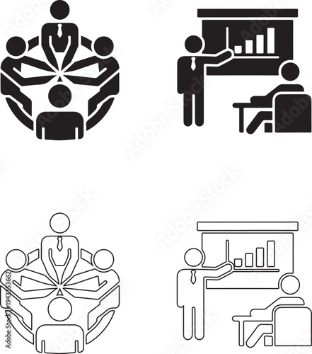 Large collection of 25+ business activity illustrations. Scenes with male and female professionals working in marketing, collaboration, planning and office communication. Trendy blue tone vector style