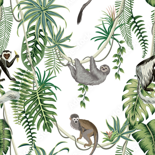 Monkey, sloth animal, tropical palm leaves, liana, fern, plants botanical seamless pattern. Exotic jungle print.