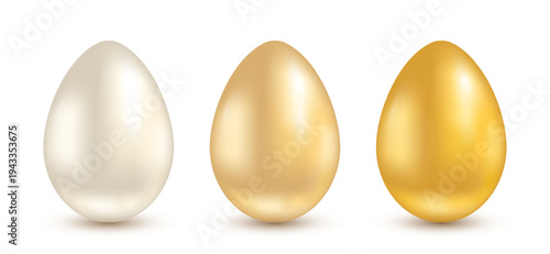 A set of realistic Easter eggs on a white background. A collection of smooth gold and mother-of-pearl eggs with a shadow for Easter banners, posters, postcards, designs. Vector EPS 10.