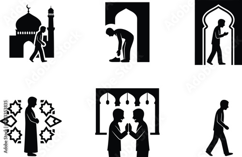 "Islamic Rituals: A Silhouette Collection Depicting Prayer, Worship, and Spiritual Practice Inside a Mosque, Featuring Islamic Culture and Tradition."