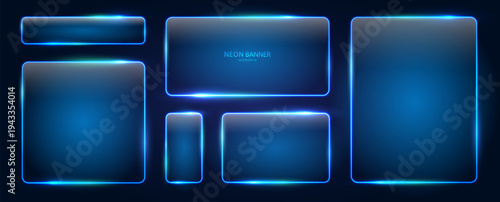 A set of blue rectangular neon frames of different sizes with glowing effects and illumination on a dark background. Neon banners. Elements for futuristic design. Vector EPS 10.