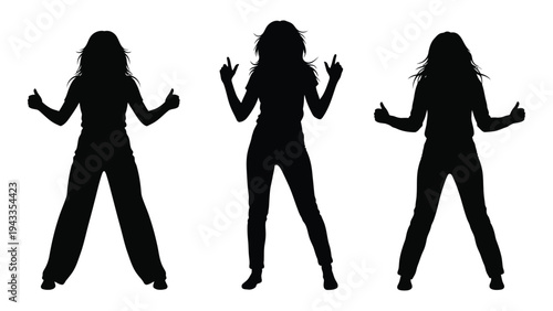 Three silhouettes of women making the rock on hand gesture and thumbs up
